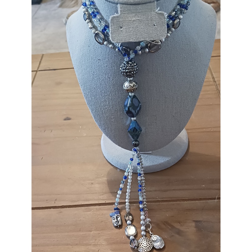 Boho Blue Beaded Y-Necklace Multi Strand Tassel Follow Your Heart Charm Face